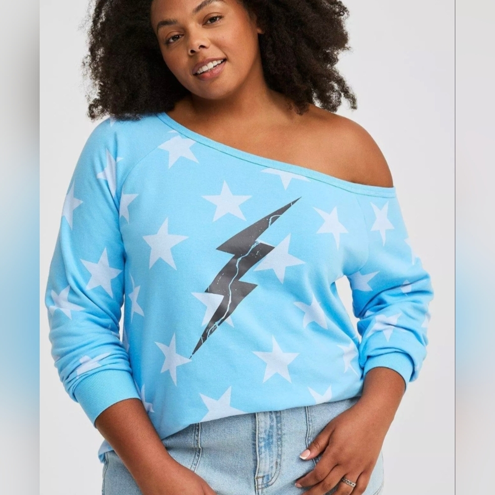 Torrid Light Blue Off-Shoulder Sweater with‎ Stars